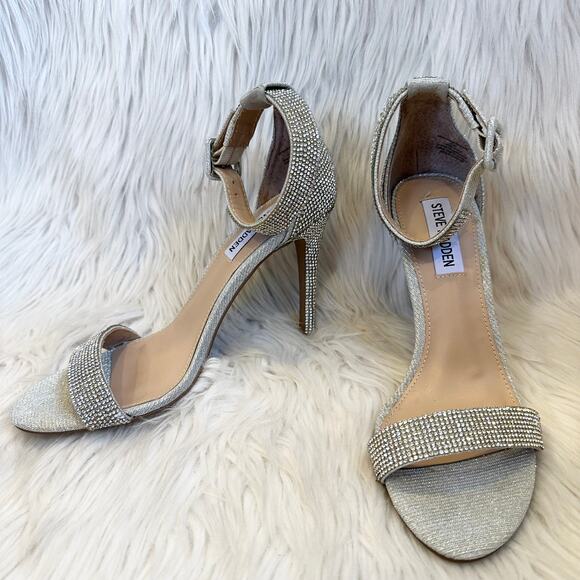 Steve Madden Masquerade Heels Sparkle Crystal Rhinestone Stiletto Sandals Silver - Picture 5 of 12